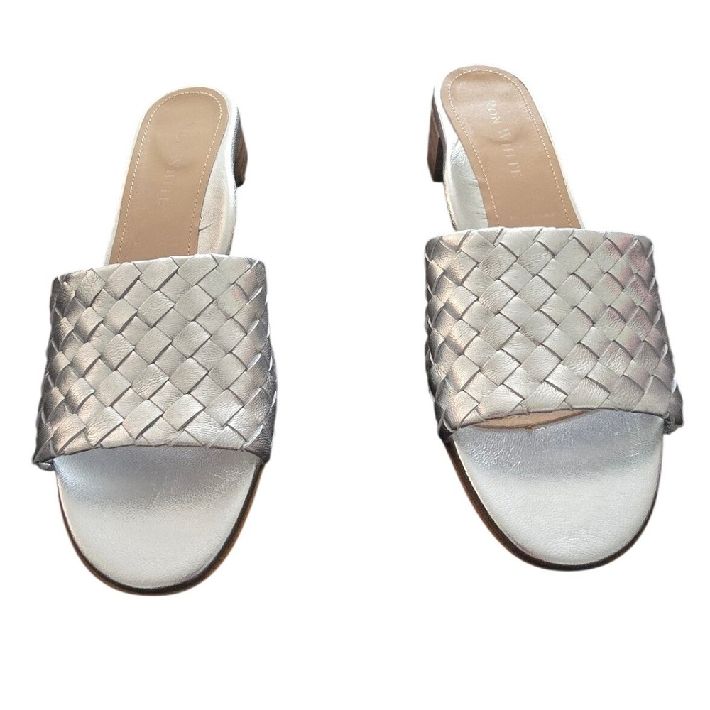 Ron White Emia Woven Silver Nappa Leather Block Heel Slide Sandals Size 38 US7.5